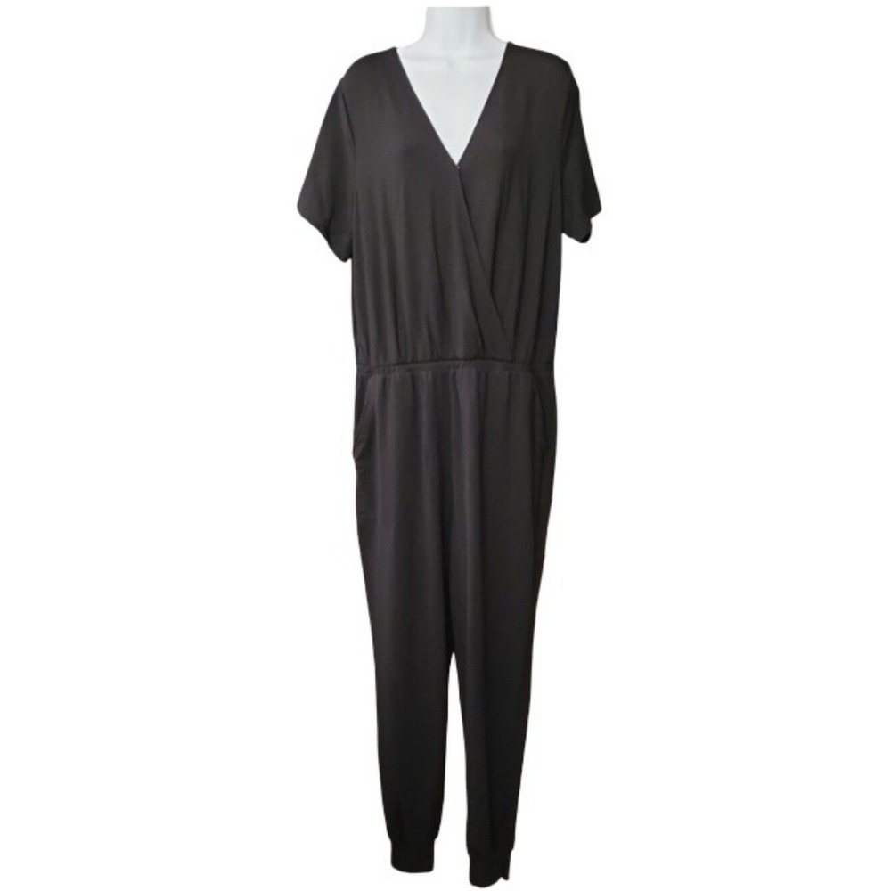 Garnet Hill Surplice Jogger Black Knit Jumpsuit Large One Piece Pockets